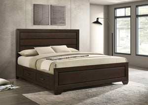 Cama Kauffman Wood Eastern King con paneles de almacenamiento en color cacao oscuro