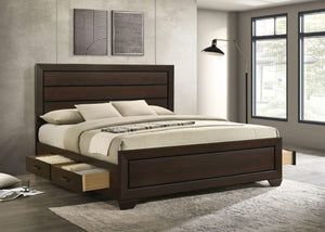 Cama Kauffman Wood Eastern King con paneles de almacenamiento en color cacao oscuro