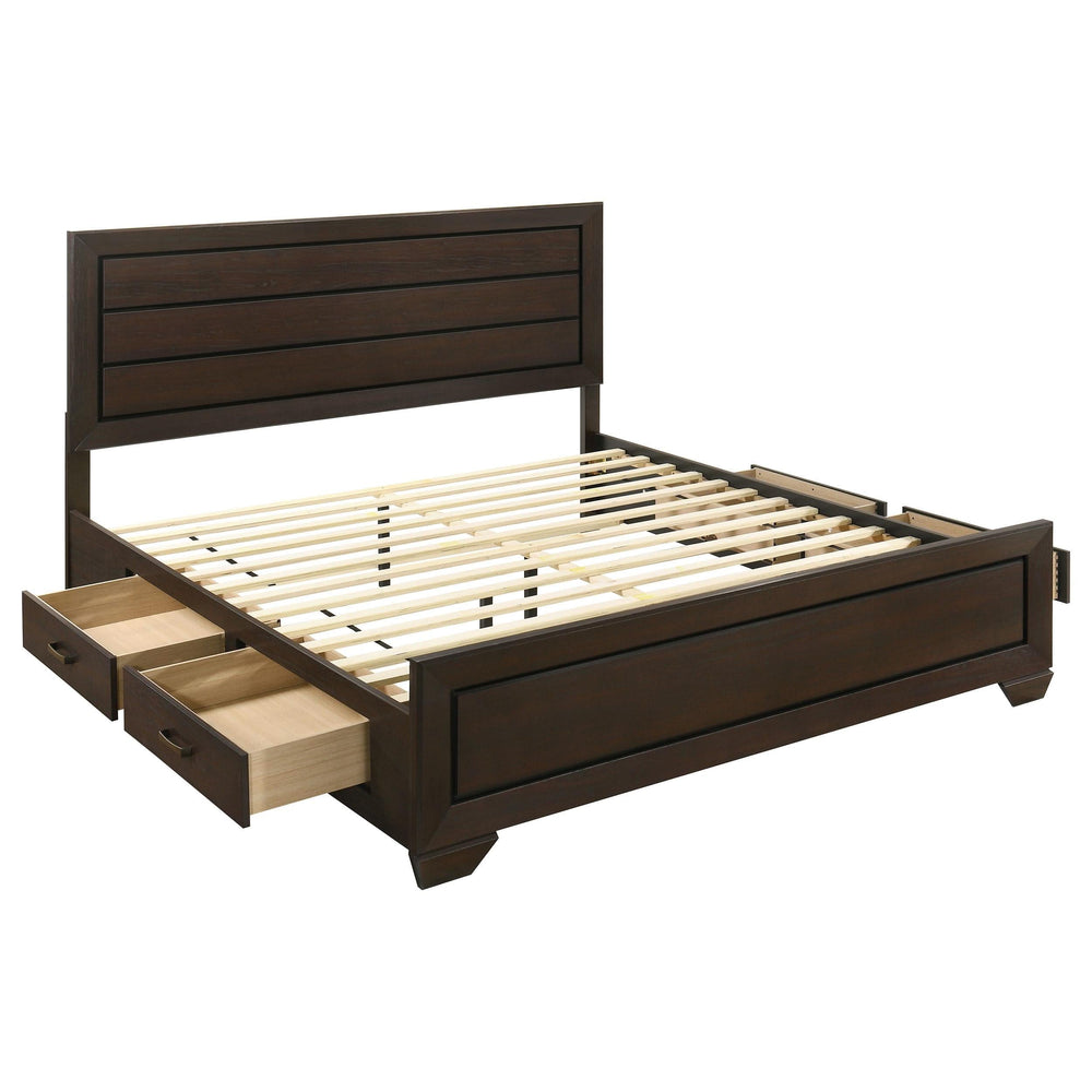 Cama Kauffman Wood Eastern King con paneles de almacenamiento en color cacao oscuro
