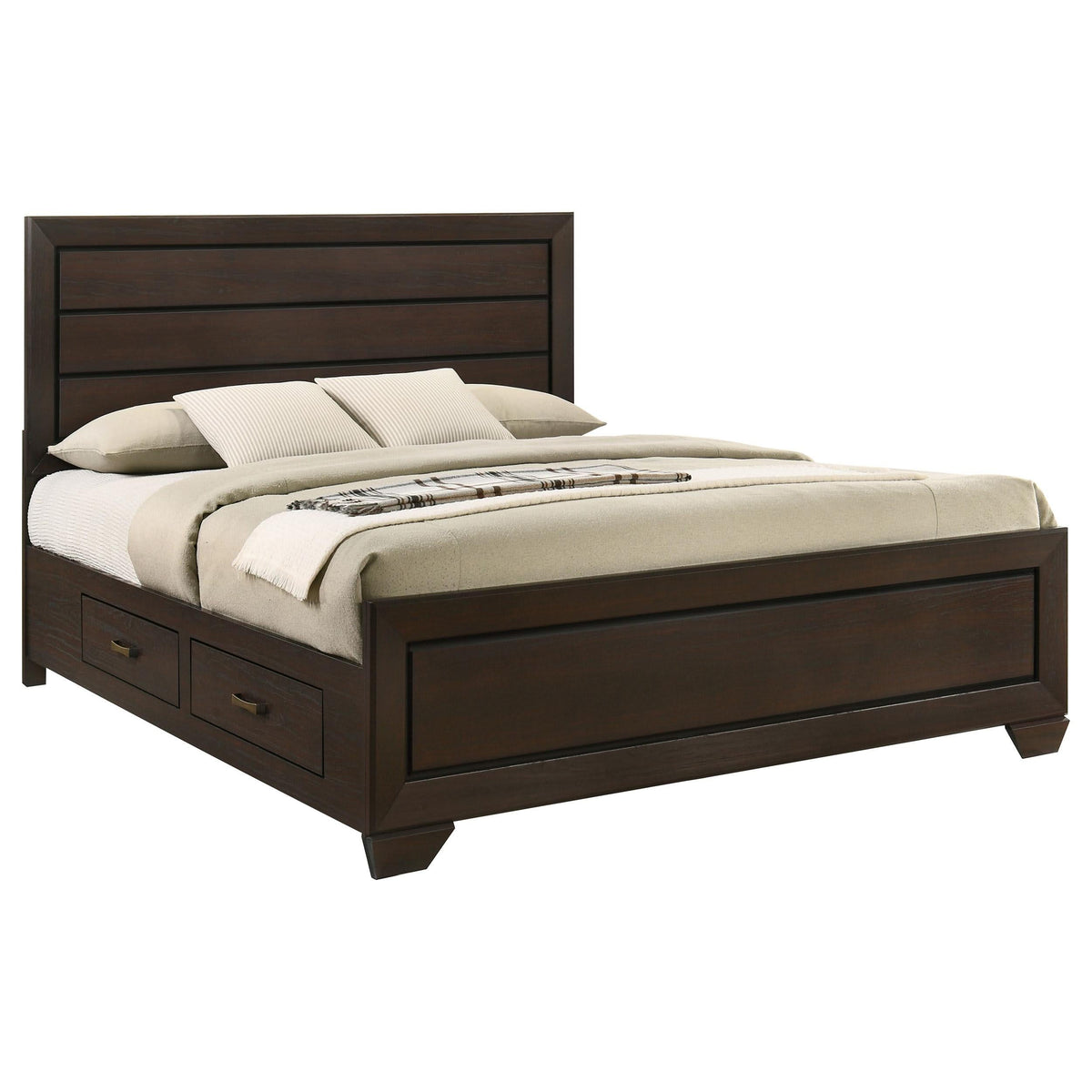 Cama Kauffman Wood Eastern King con paneles de almacenamiento en color cacao oscuro