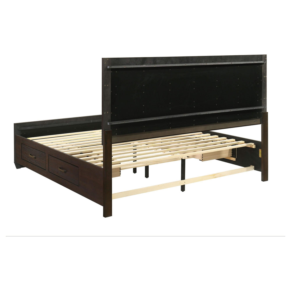 Cama Kauffman Wood Eastern King con paneles de almacenamiento en color cacao oscuro
