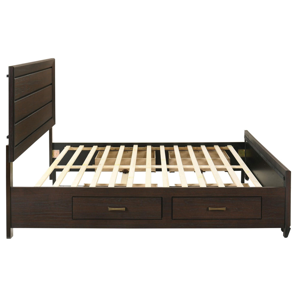 Cama Kauffman Wood Eastern King con paneles de almacenamiento en color cacao oscuro