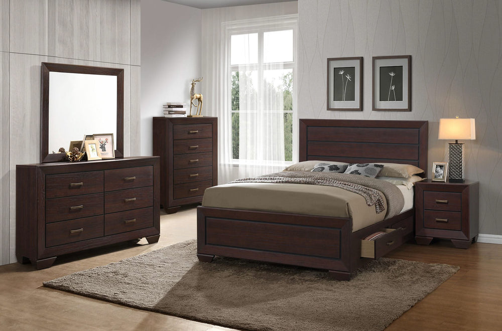Juego de dormitorio Kauffman de 5 piezas tamaño Queen en color cacao oscuro