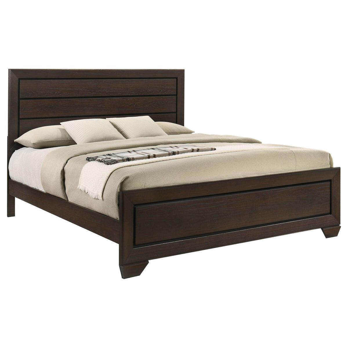 Cama con paneles Kauffman Wood Eastern King en color cacao oscuro
