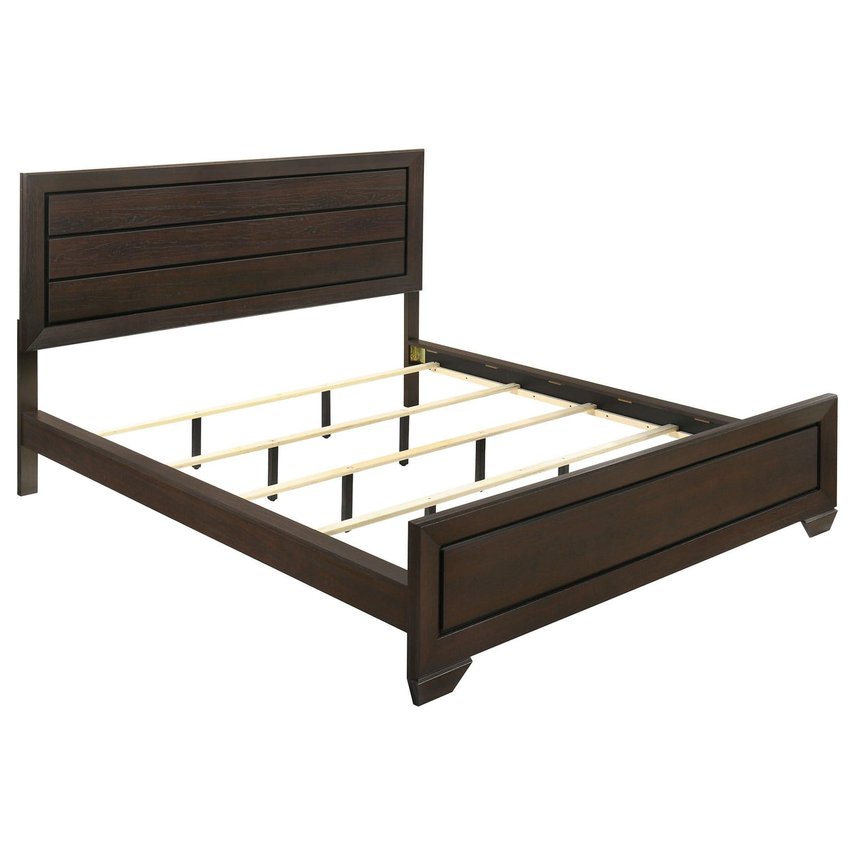 Cama California King con paneles Kauffman Wood en color cacao oscuro