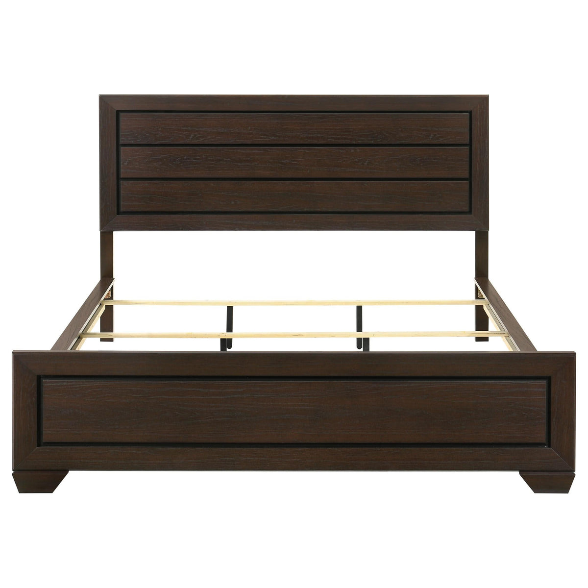 Cama California King con paneles Kauffman Wood en color cacao oscuro