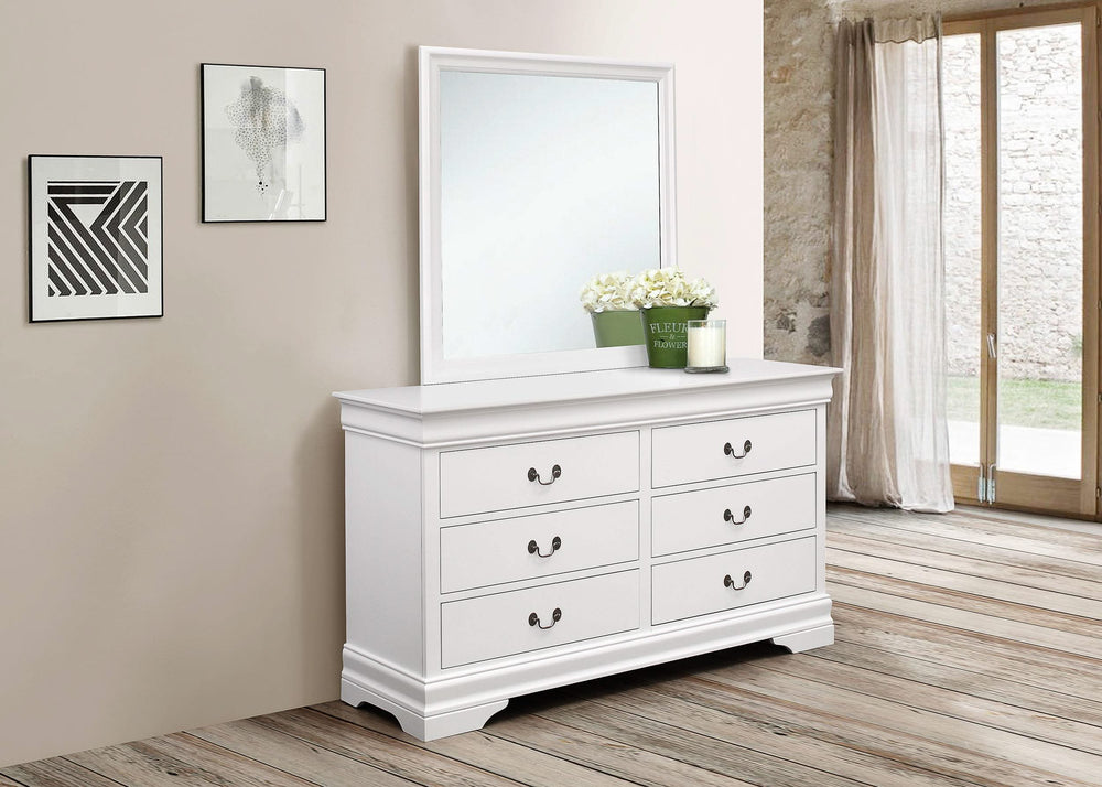 Cómoda Louis Philippe de 6 cajones con espejo blanca