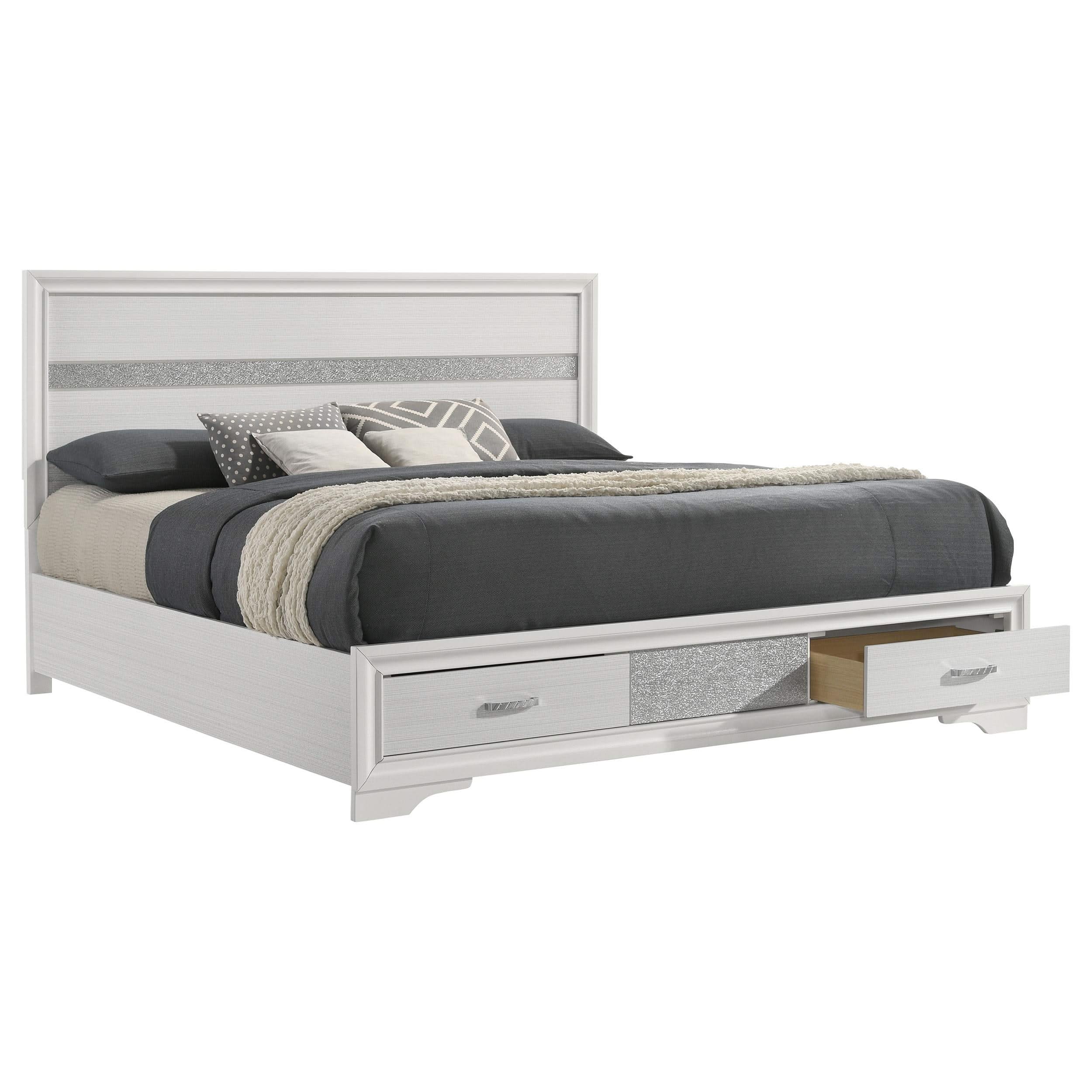 Cama Miranda de 51 pulgadas con paneles de madera Eastern King con almacenamiento, color blanco