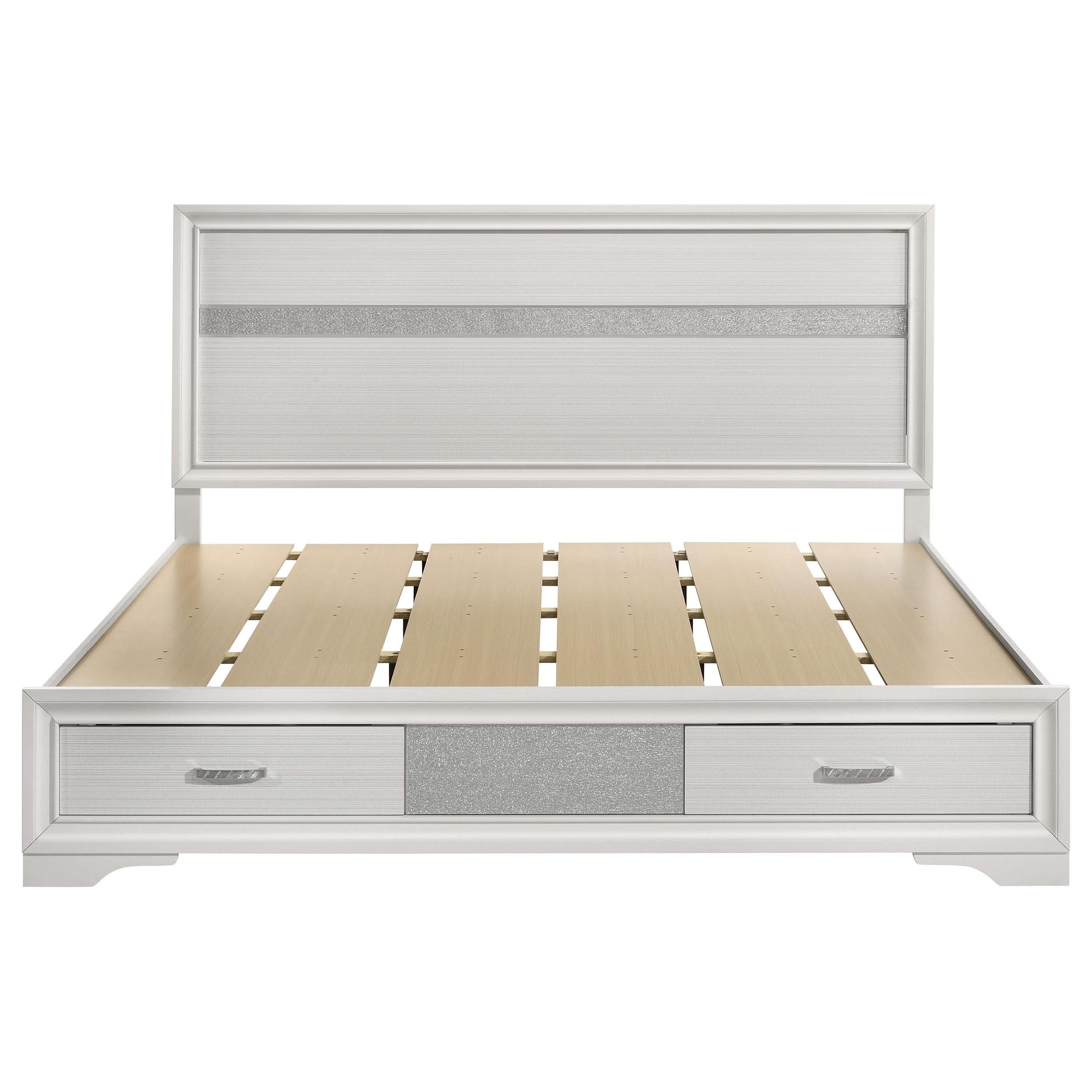 Cama Miranda de 51 pulgadas con paneles de madera Eastern King con almacenamiento, color blanco
