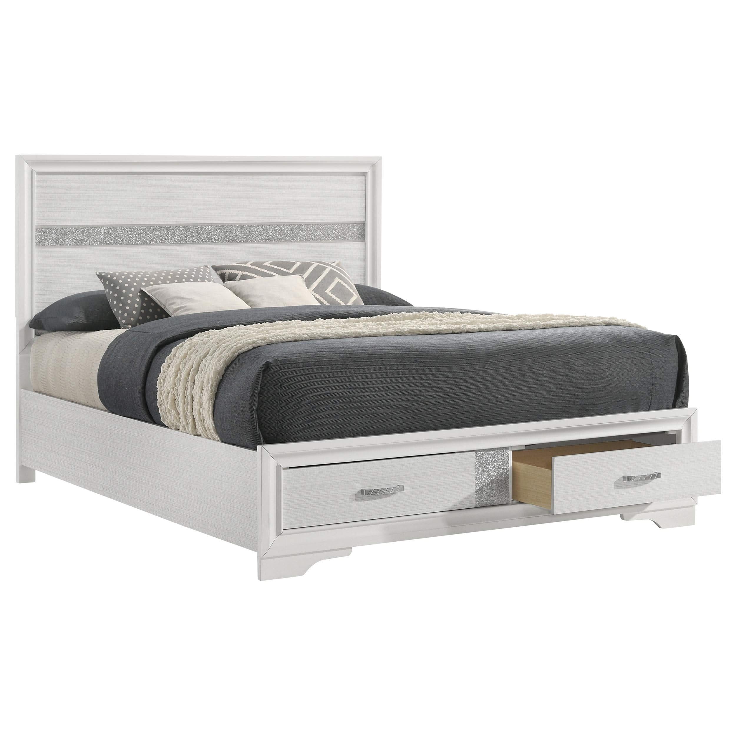 Cama Queen Miranda de 51 pulgadas con paneles de almacenamiento de madera, color blanco