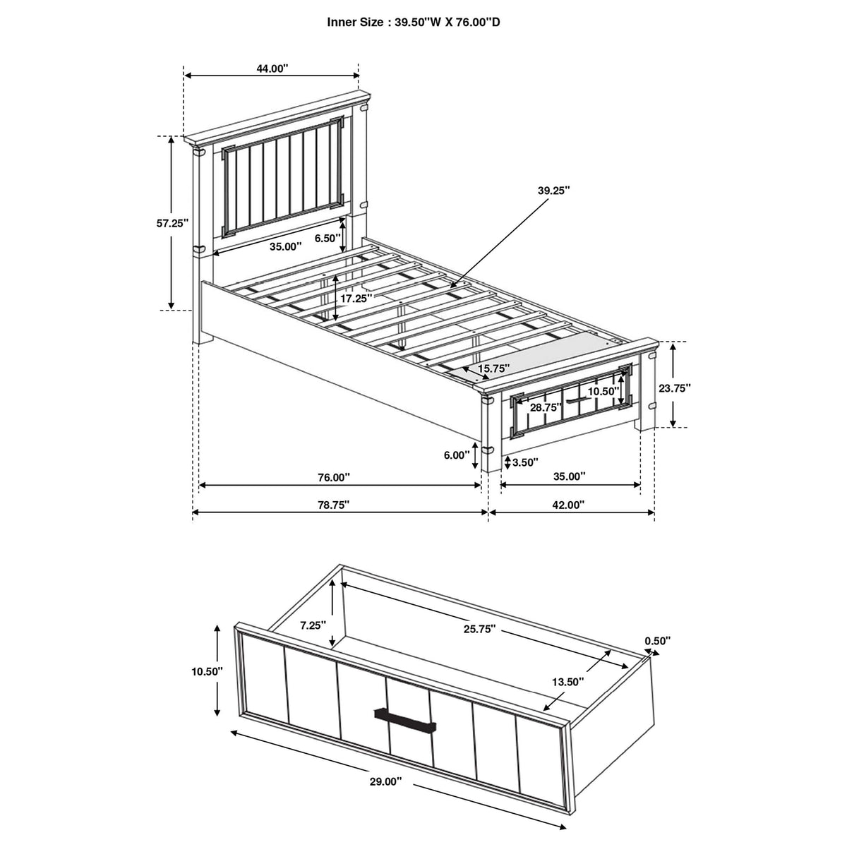 Cama individual con paneles de almacenamiento Brenner Wood, color miel rústico