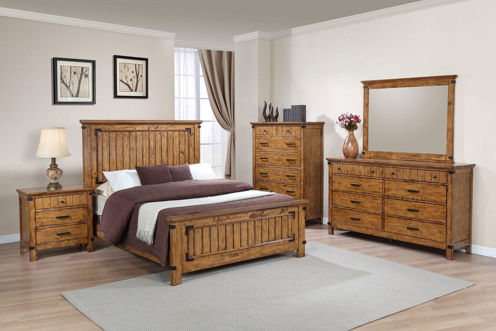 Cama California King con paneles Brenner Wood, color miel rústico