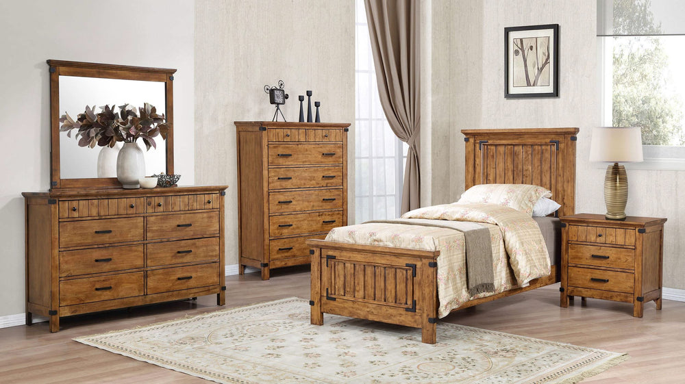 Cama individual con paneles de madera Brenner, color miel rústico