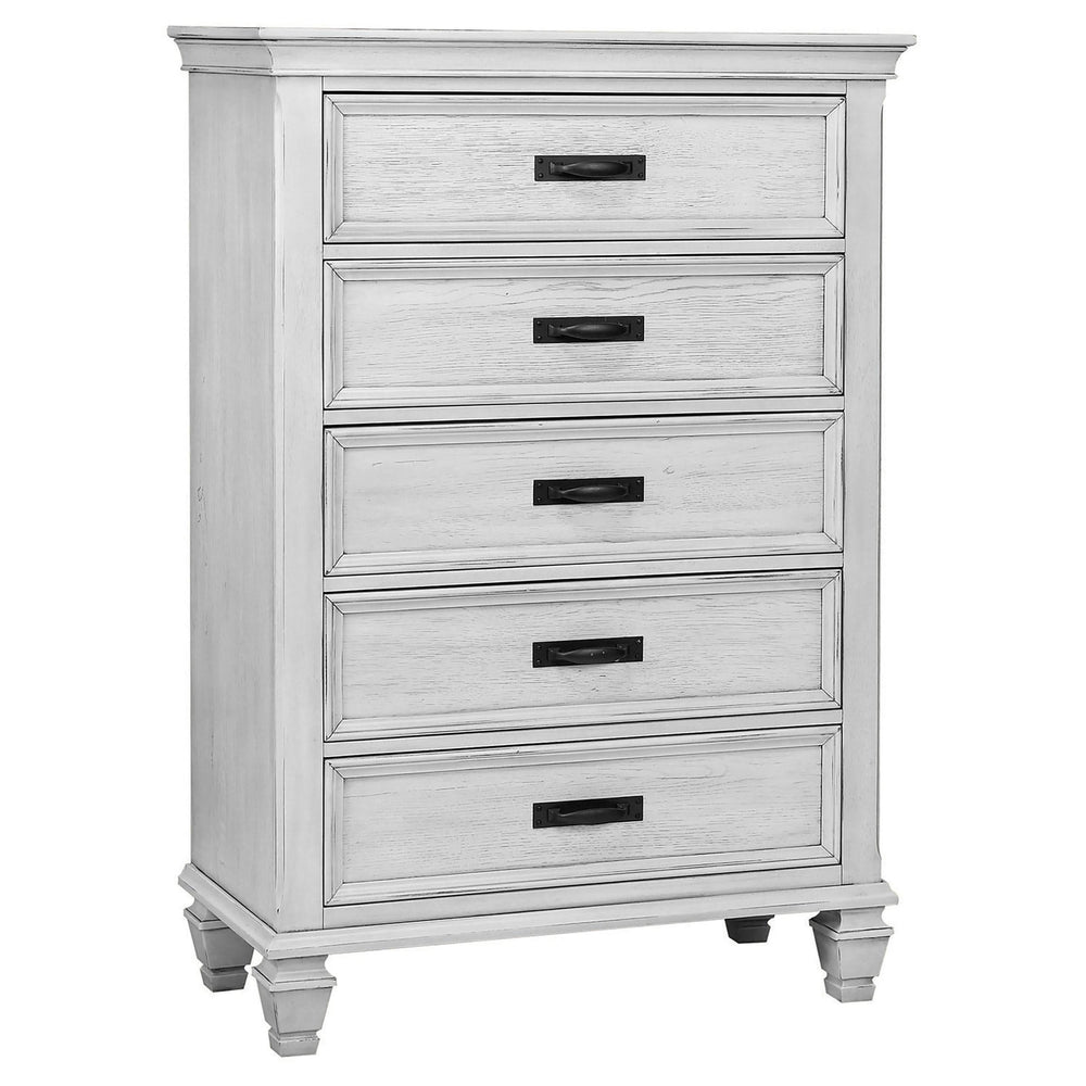 Juego de dormitorio Franco California King de 5 piezas en blanco desgastado