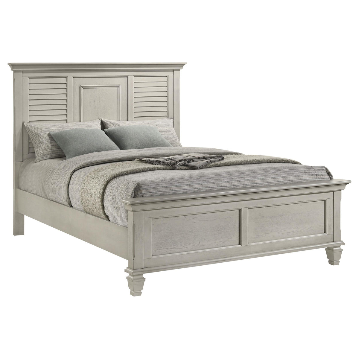 Cama Queen con paneles de madera Franco en blanco desgastado