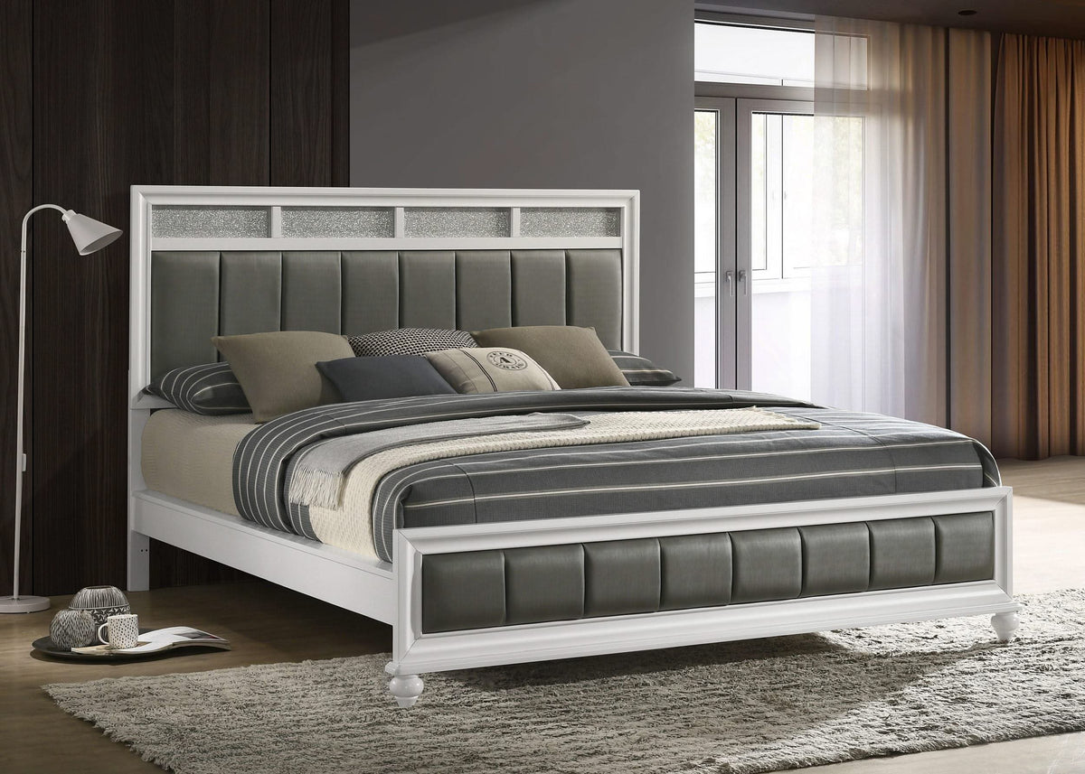 Cama California King con paneles de madera Barzini, color blanco