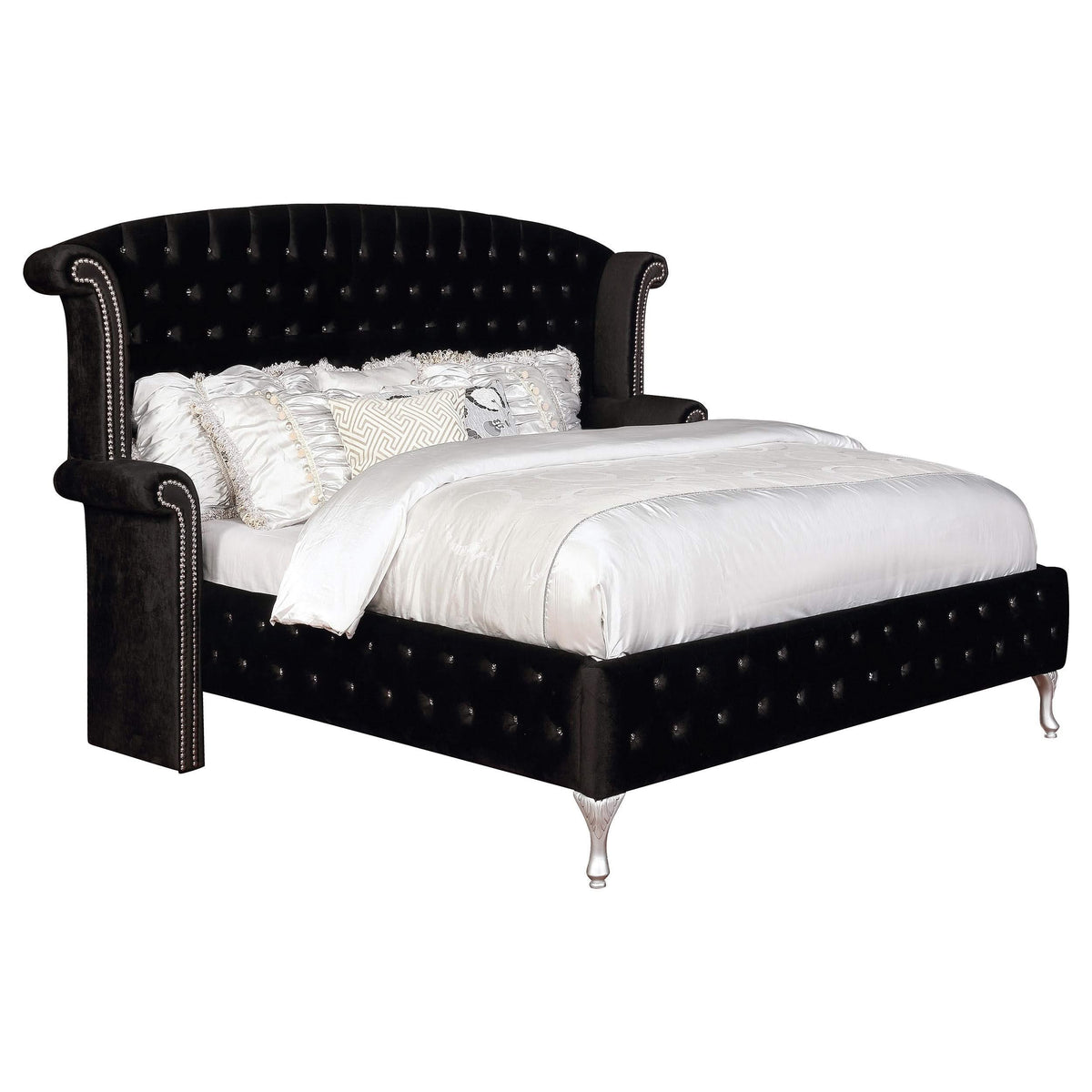 Cama King con respaldo alto tapizada Deanna, color negro