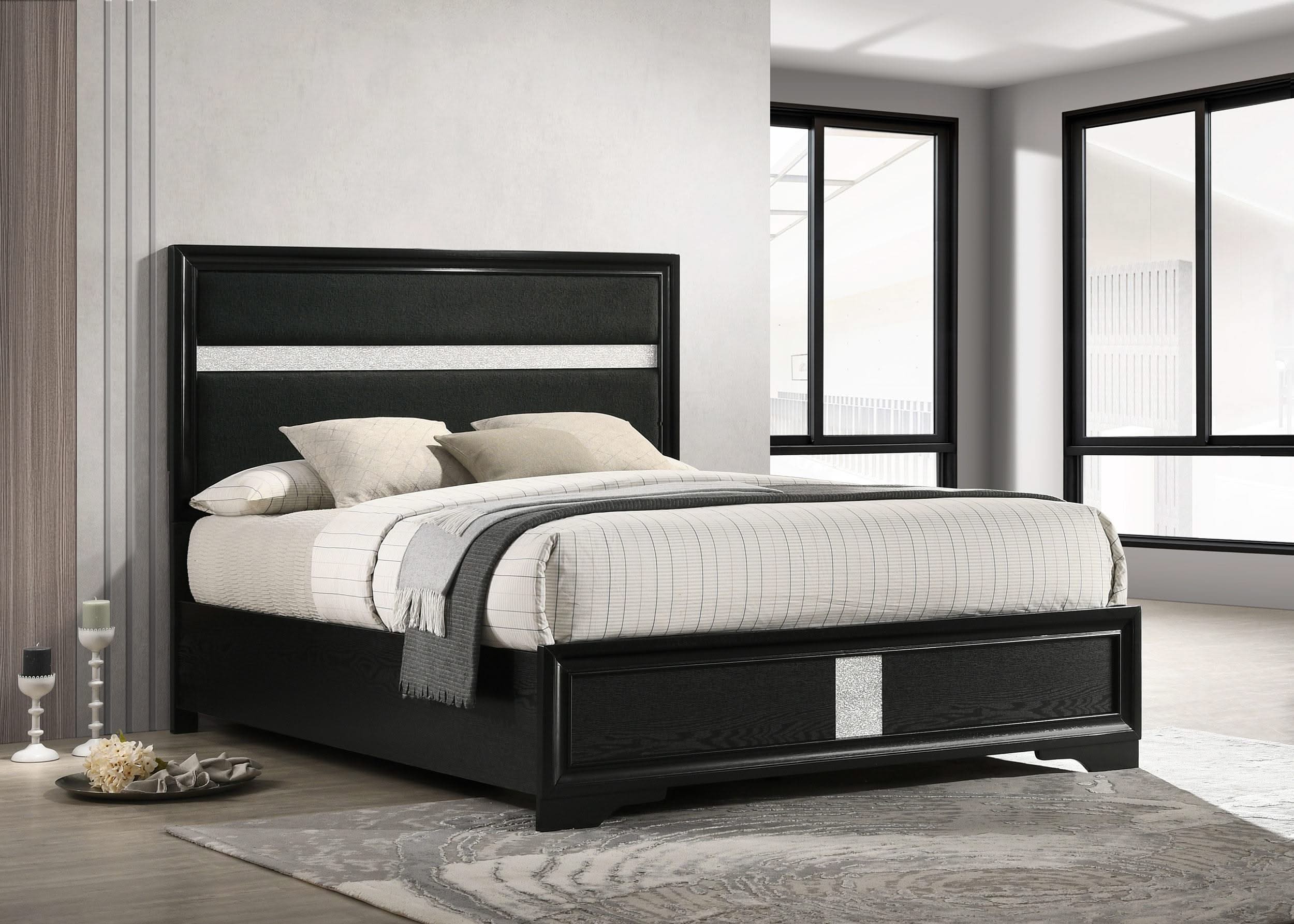 Cama Queen tapizada Miranda de 54 pulgadas, color negro