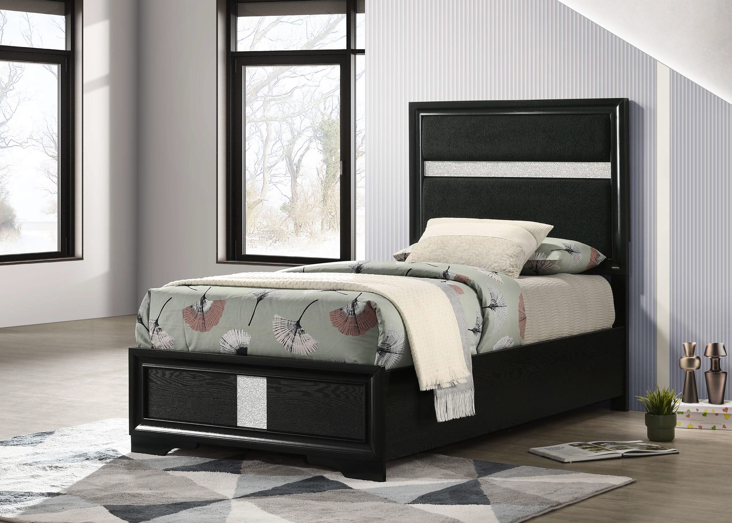 Cama individual tapizada Miranda de 54 pulgadas, color negro
