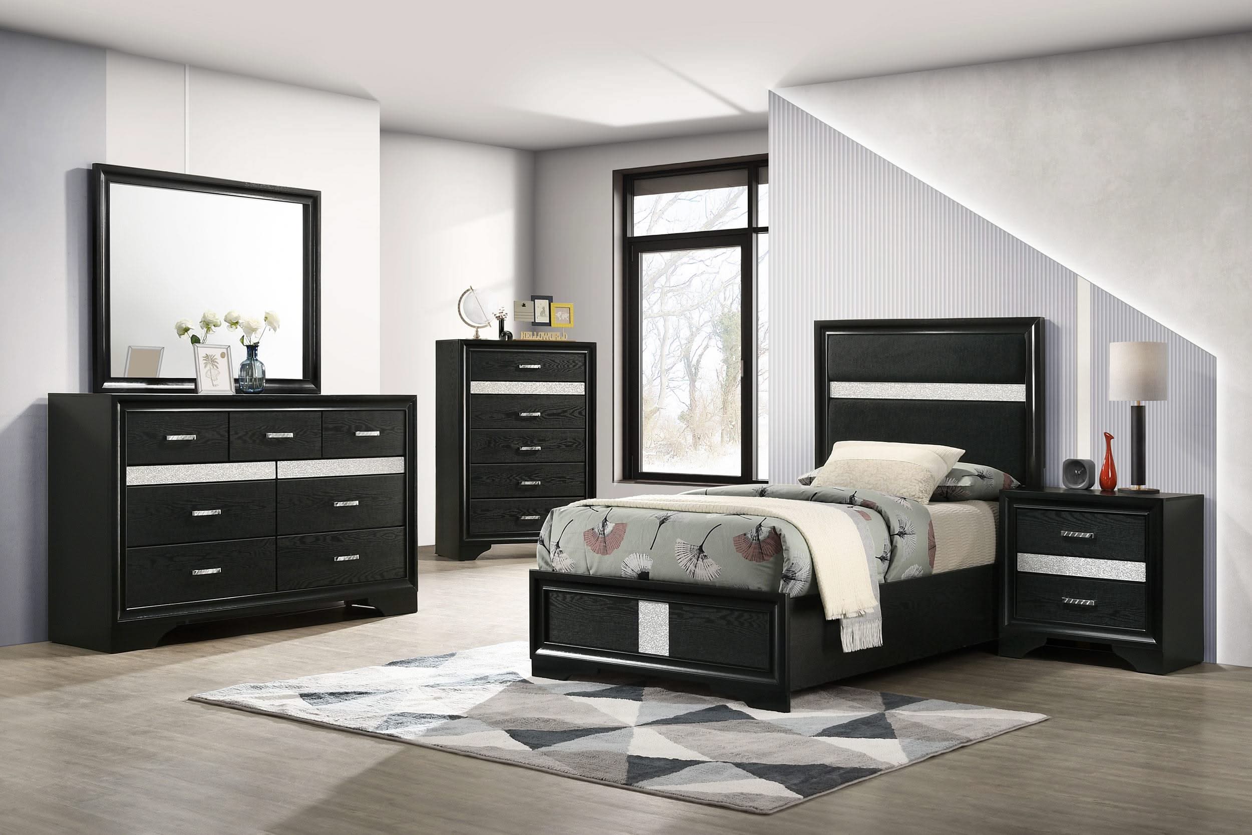 Cama individual tapizada Miranda de 54 pulgadas, color negro