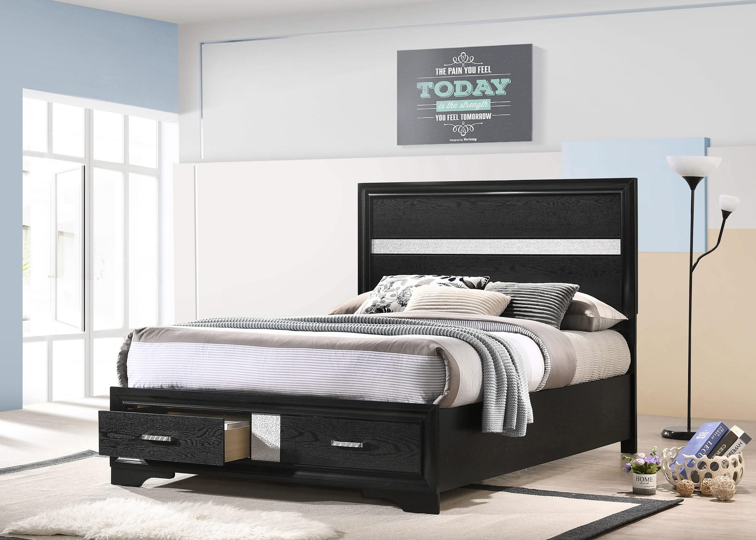 Cama Miranda de 51 pulgadas con paneles de madera y almacenamiento, color negro