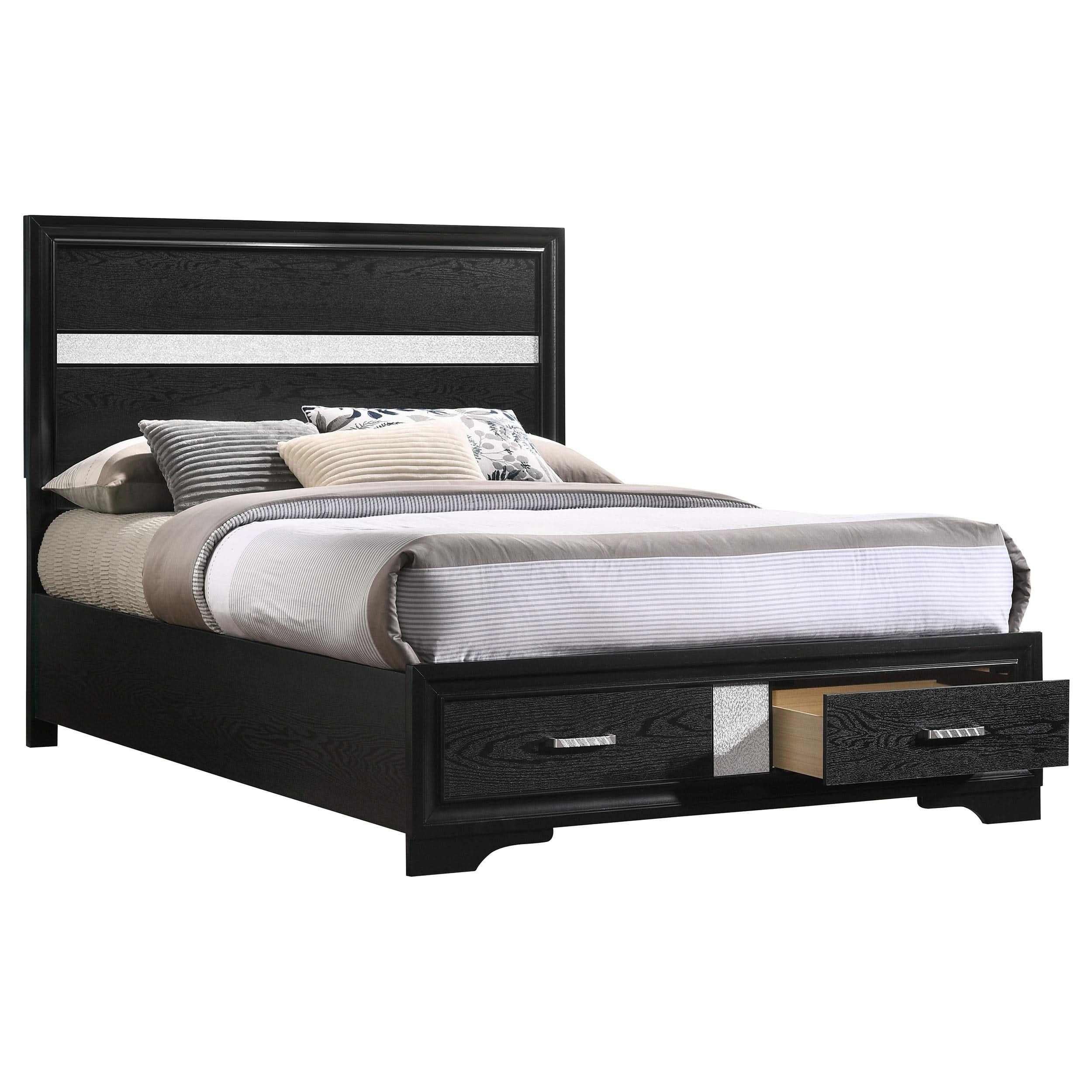 Cama Miranda de 51 pulgadas con paneles de madera y almacenamiento, color negro