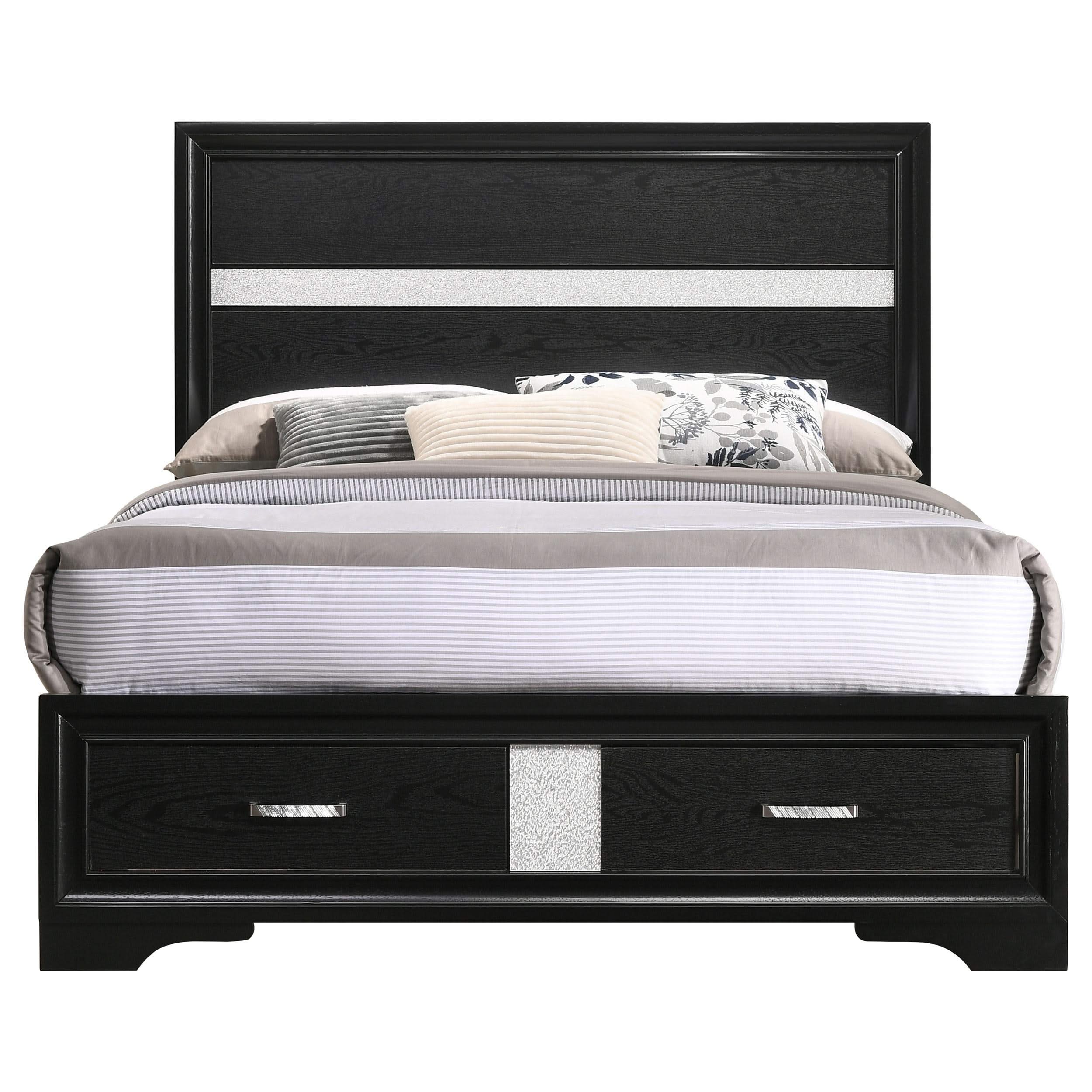 Cama Miranda de 51 pulgadas con paneles de madera y almacenamiento, color negro