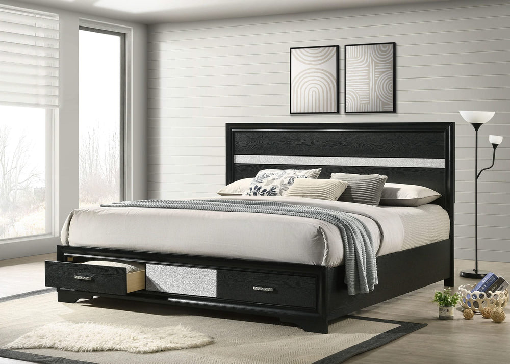 Cama Miranda de 51 pulgadas con paneles de almacenamiento de madera color negro