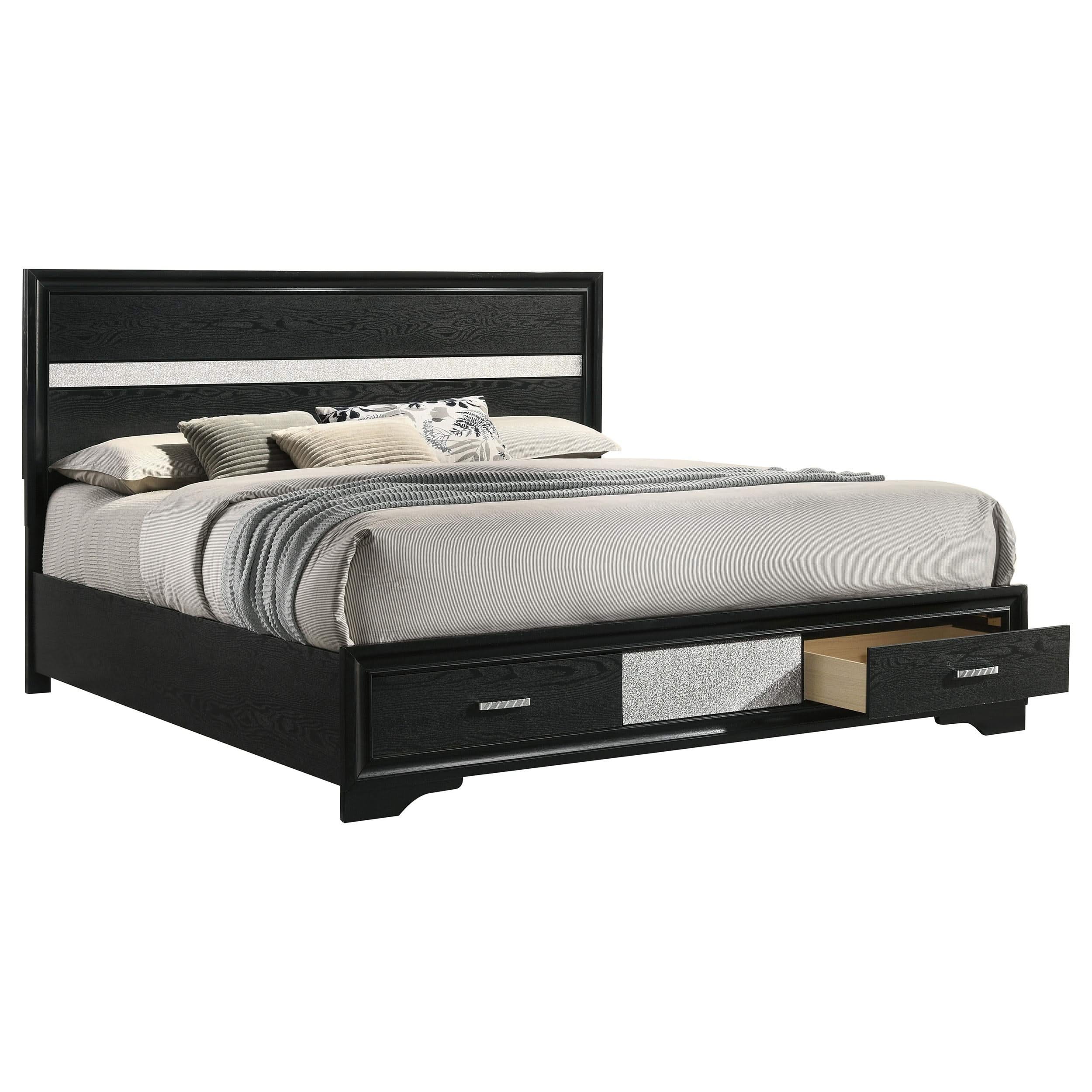 Cama Miranda de 51 pulgadas con paneles de almacenamiento de madera color negro