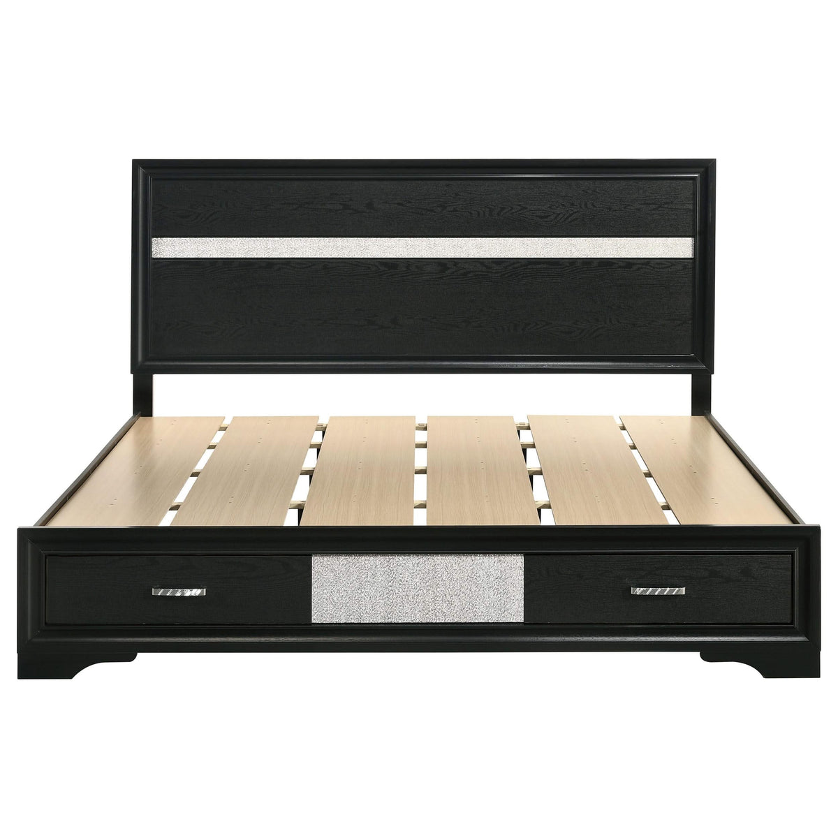 Cama Miranda de 51 pulgadas con paneles de almacenamiento de madera color negro