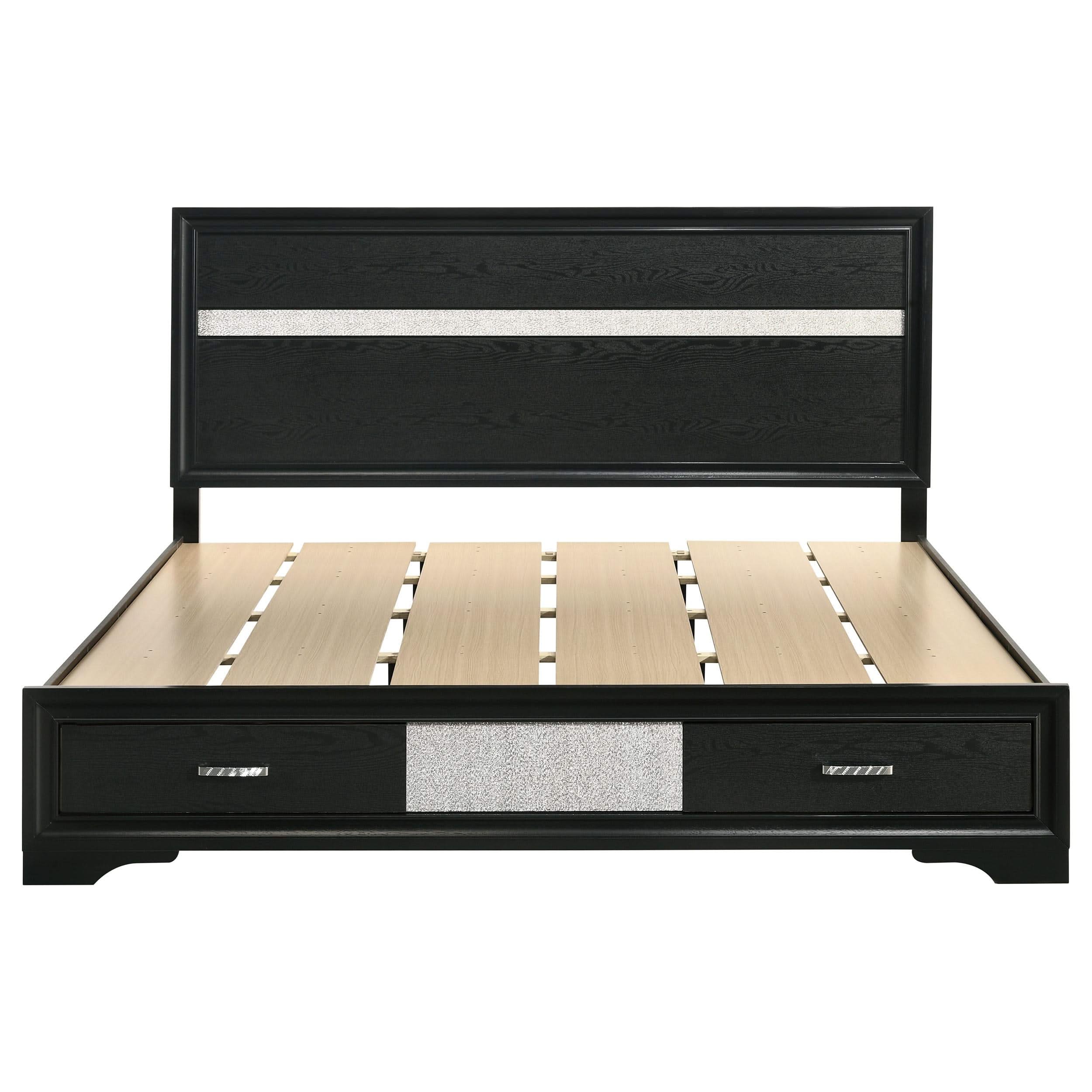 Cama Miranda de 51 pulgadas con paneles de almacenamiento de madera color negro