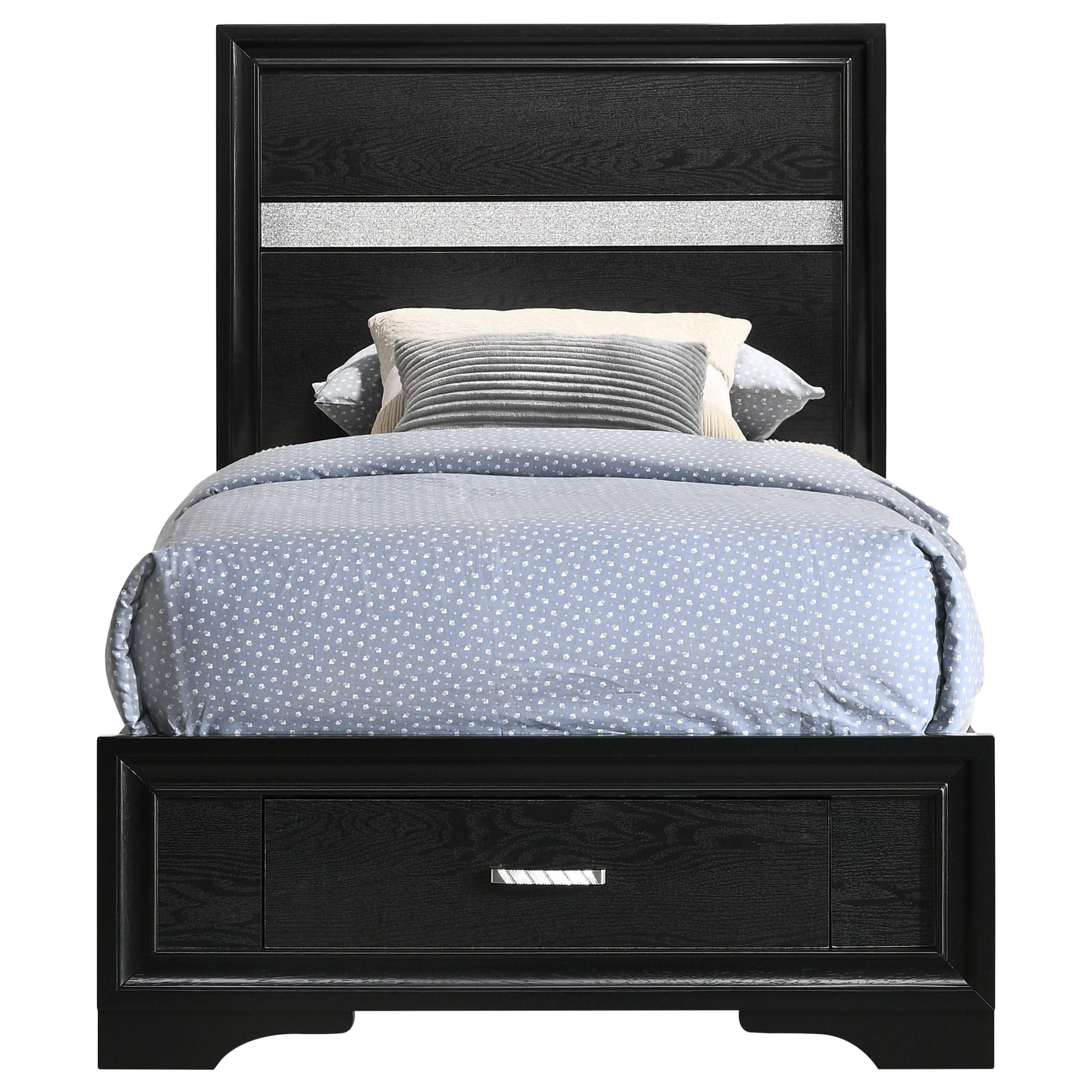 Cama individual Miranda de 51 pulgadas con paneles de almacenamiento de madera, color negro
