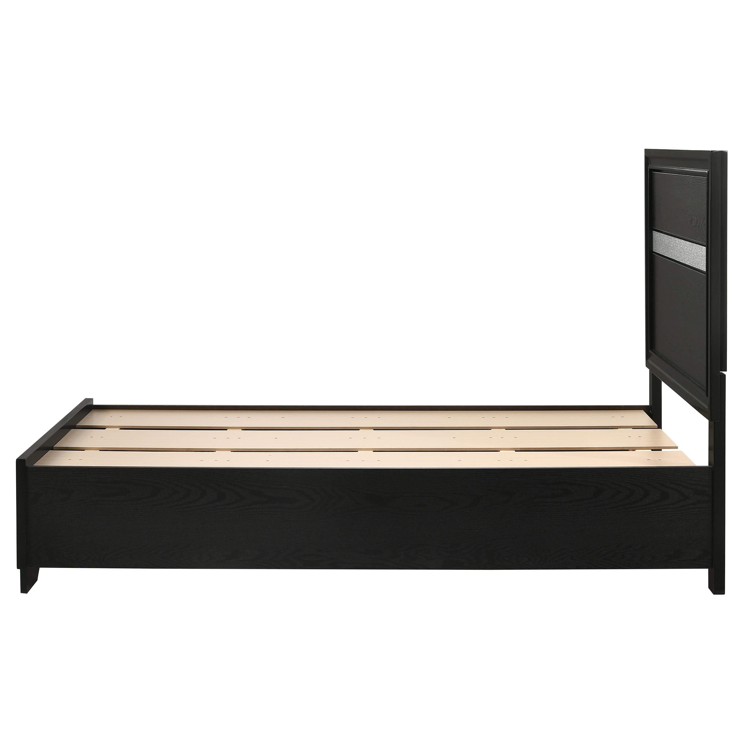 Cama individual Miranda de 51 pulgadas con paneles de almacenamiento de madera, color negro