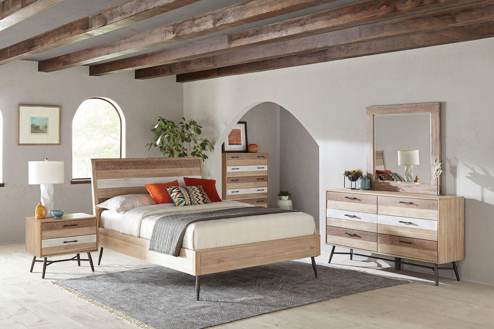 Cama Queen con paneles de madera Marlow, aserrada en bruto, multi