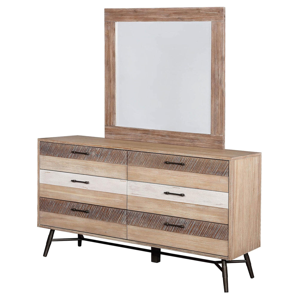 Cómoda Marlow de 6 cajones con espejo, de madera aserrada rugosa, multicolor