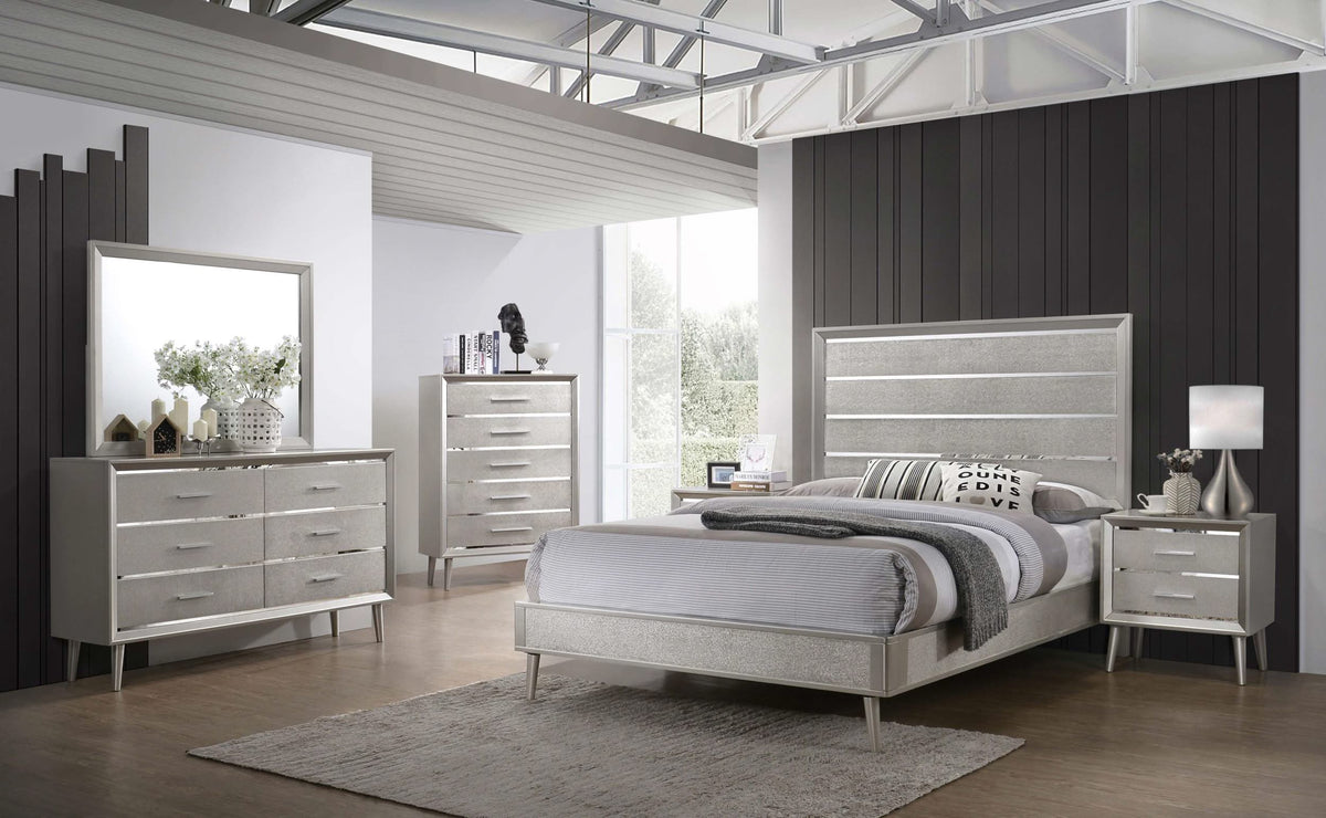 Cama Ramon Wood con paneles completos, color plata metalizada
