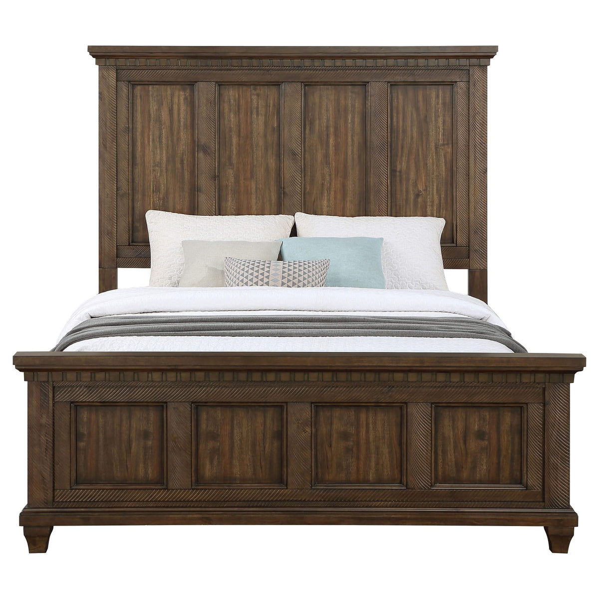 Cama California King con paneles Bennington Wood, color marrón acacia