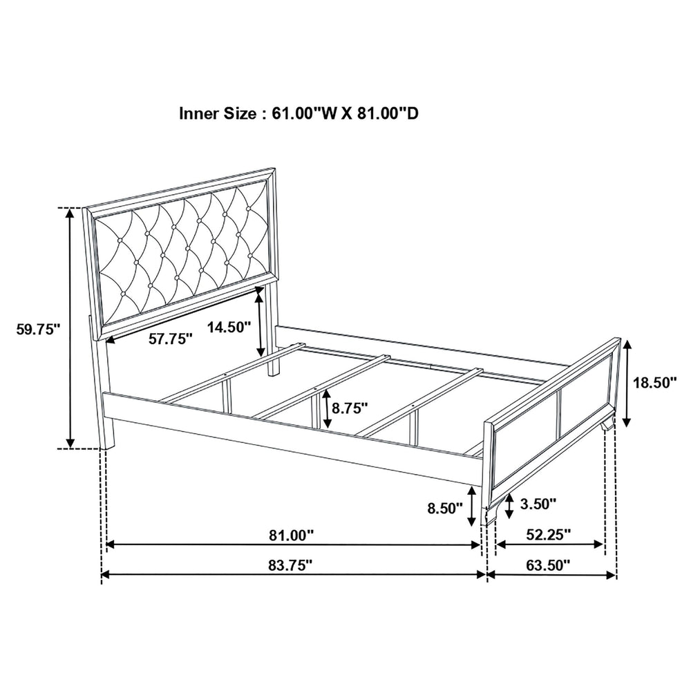 Cama Queen con paneles de madera Salford, color plata metalizada