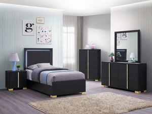 Cama doble Marceline Wood con paneles LED, color negro