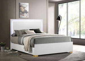 Cama Marceline Wood con panel LED completo, color blanco