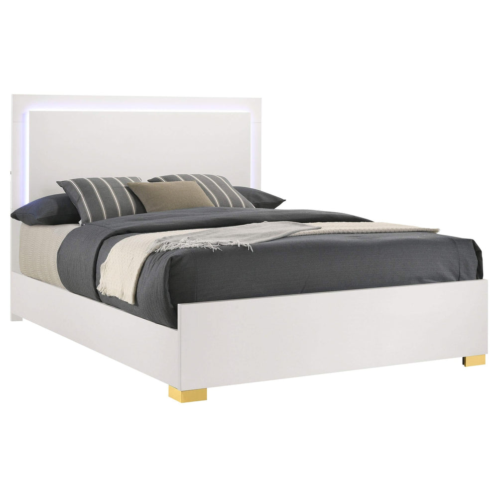 Cama Marceline Wood con panel LED completo, color blanco