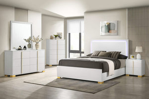 Cama Marceline Wood con panel LED completo, color blanco