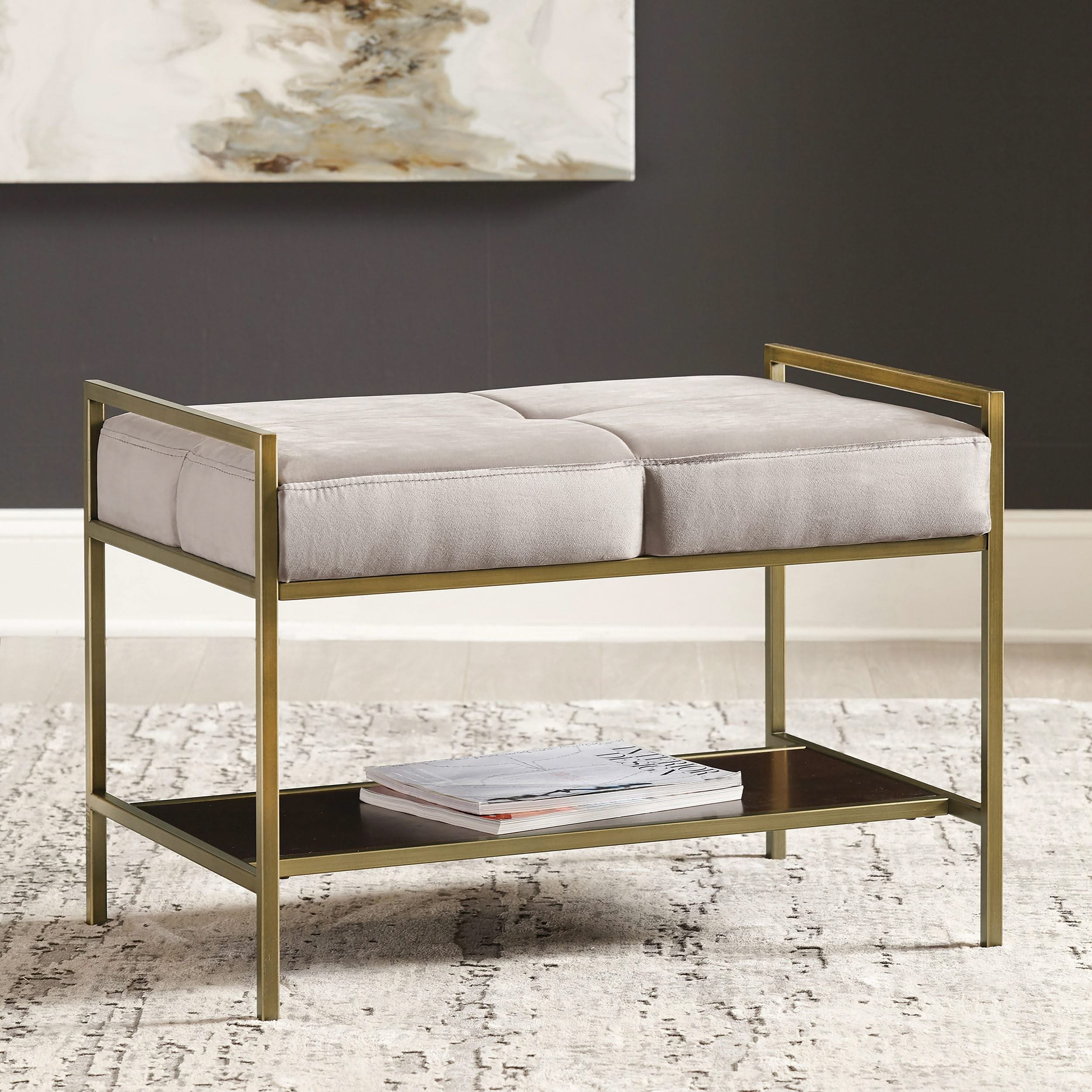 Maria Velvet Upholstered Bench with Shelf Grey and Gold