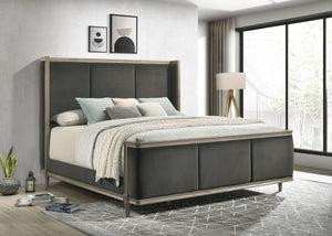 Cama Queen con respaldo de alas tapizada Alderwood, color gris francés