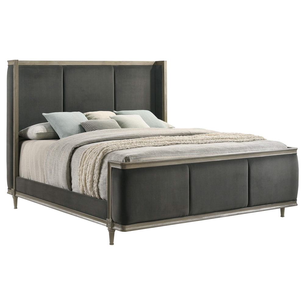 Cama Queen con respaldo de alas tapizada Alderwood, color gris francés