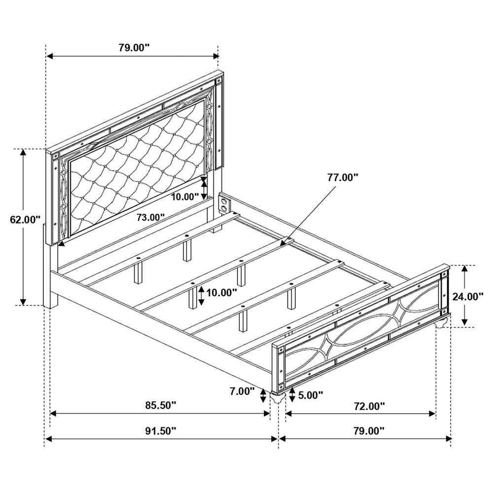 Cama California King con paneles LED Gunnison Wood, color plateado metalizado