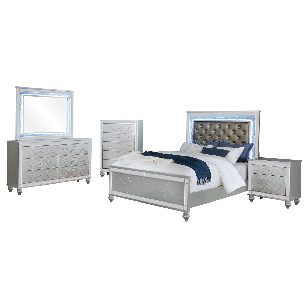 Juego de dormitorio Gunnison de 5 piezas tamaño Queen, color plateado metalizado