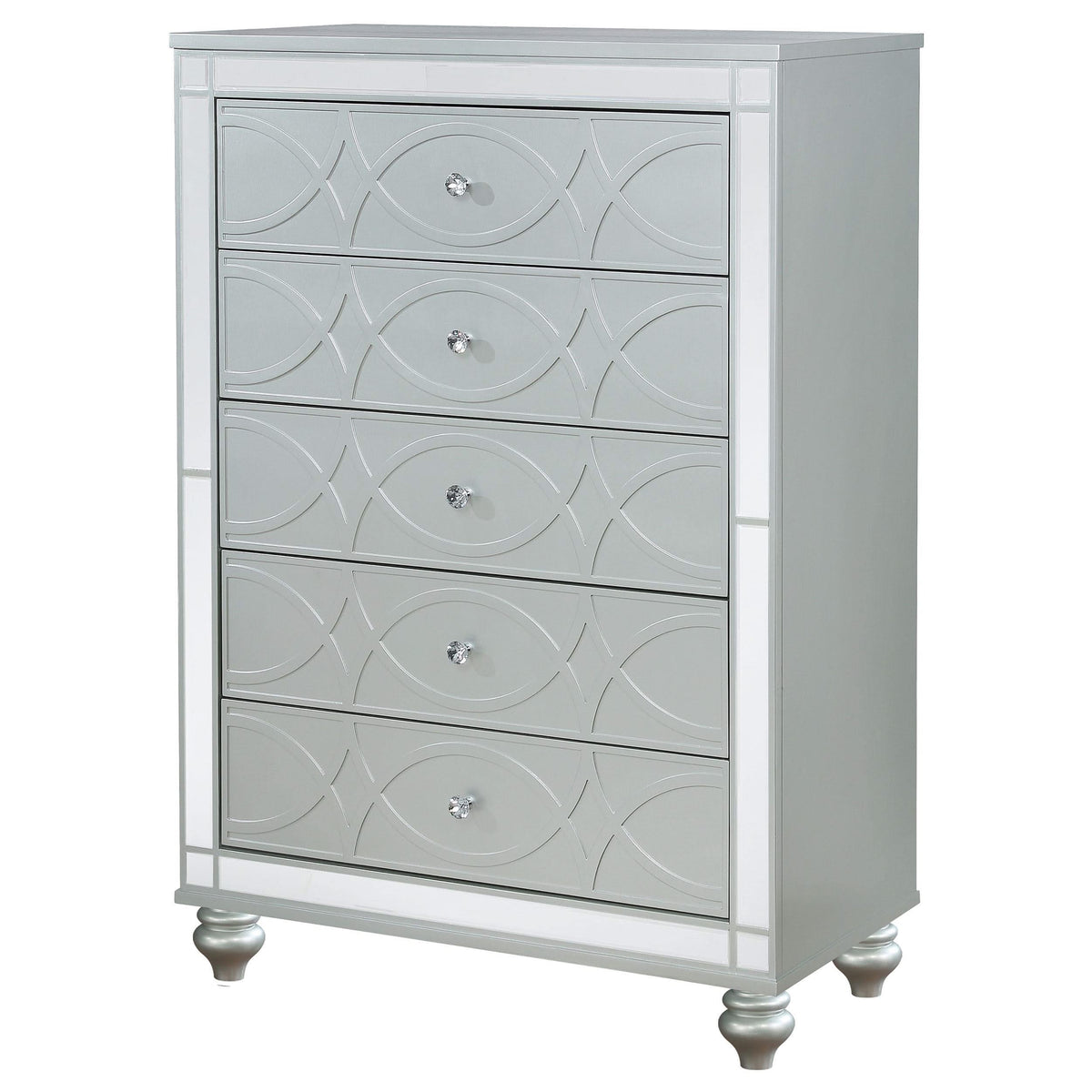 Cómoda de dormitorio Gunnison de 5 cajones en color plateado metalizado