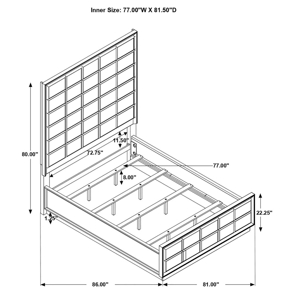 Cama Durango Eastern King de 77 pulgadas con paneles en color pimienta ahumada