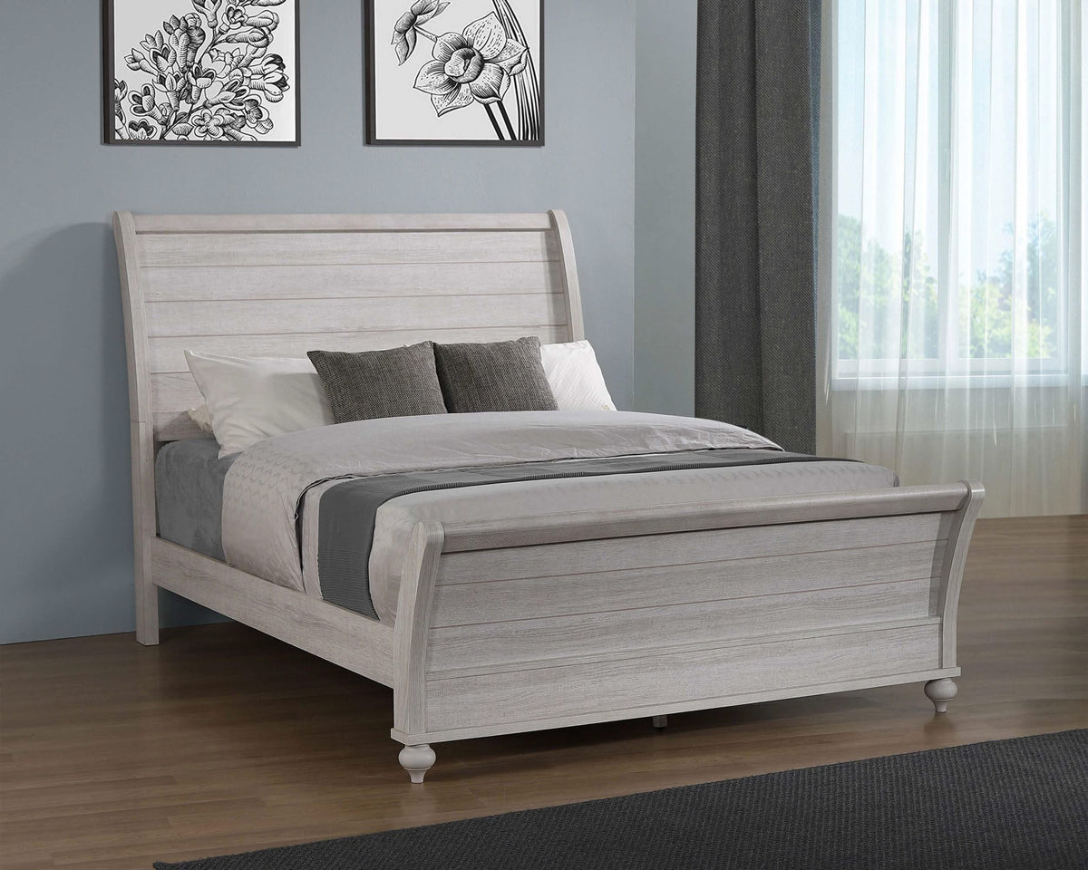 Cama estilo trineo Stillwood Wood Eastern King, estilo vintage, lino
